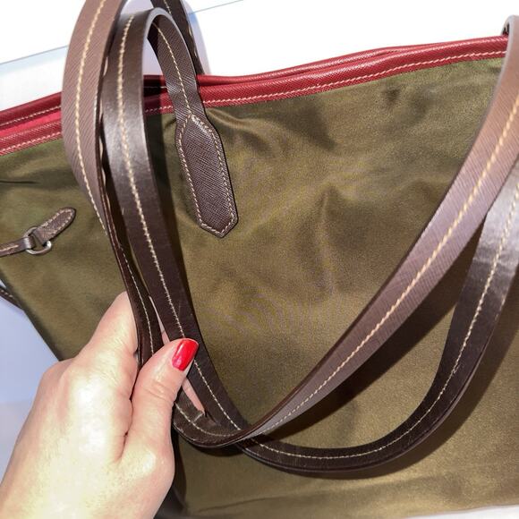 Authentic Prada Olive Green Nylon Tote Brown Leather Handles Red Interior Italy - Picture 10 of 16